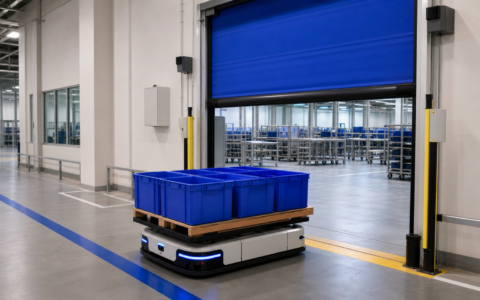 Autonomous mobile robot approaching an automated high-speed door in a warehouse