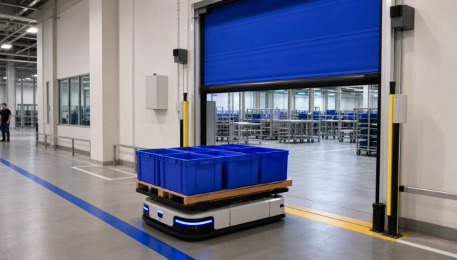 Autonomous mobile robot approaching an automated high-speed door in a warehouse
