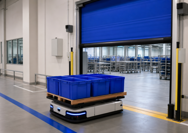 Autonomous mobile robot approaching an automated high-speed door in a warehouse