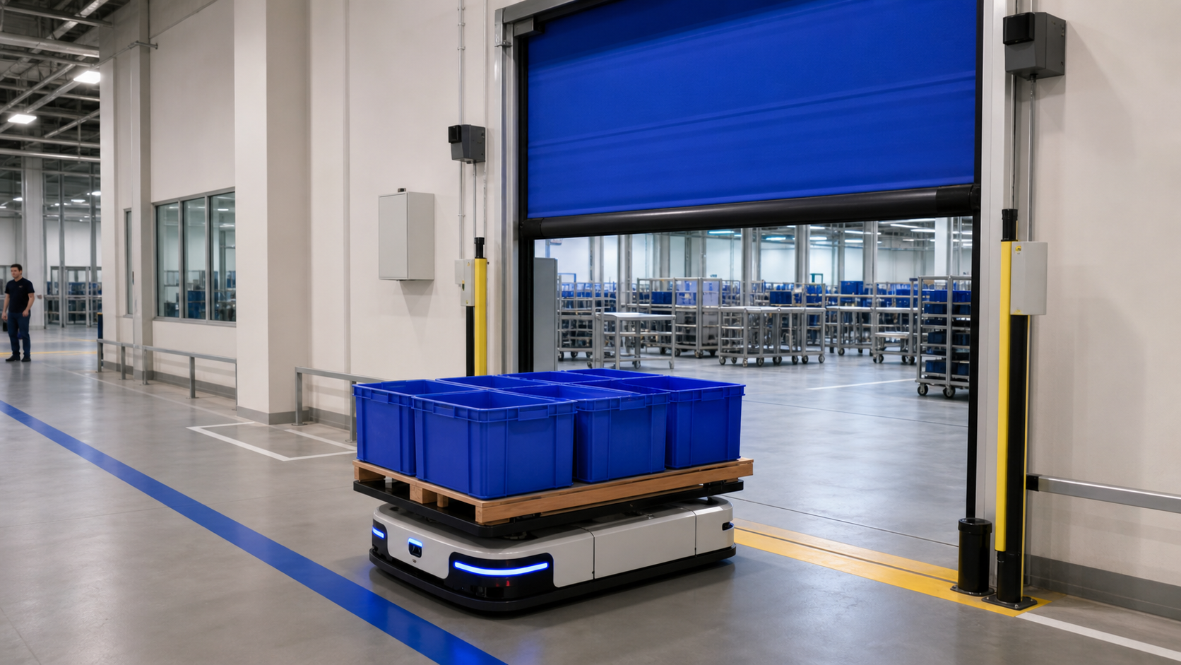 Autonomous mobile robot approaching an automated high-speed door in a warehouse