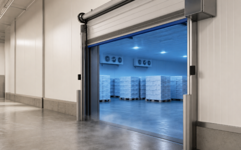 Insulated high-speed door opening into a modern cold storage warehouse