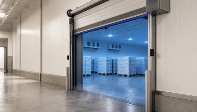 Insulated high-speed door opening into a modern cold storage warehouse