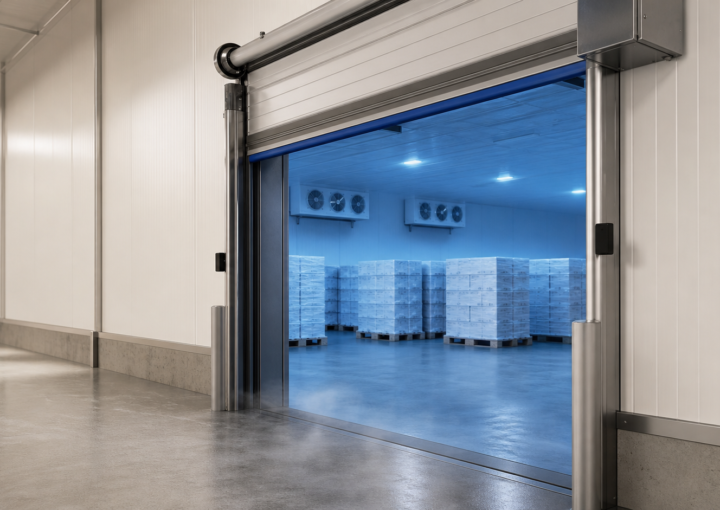 Insulated high-speed door opening into a modern cold storage warehouse