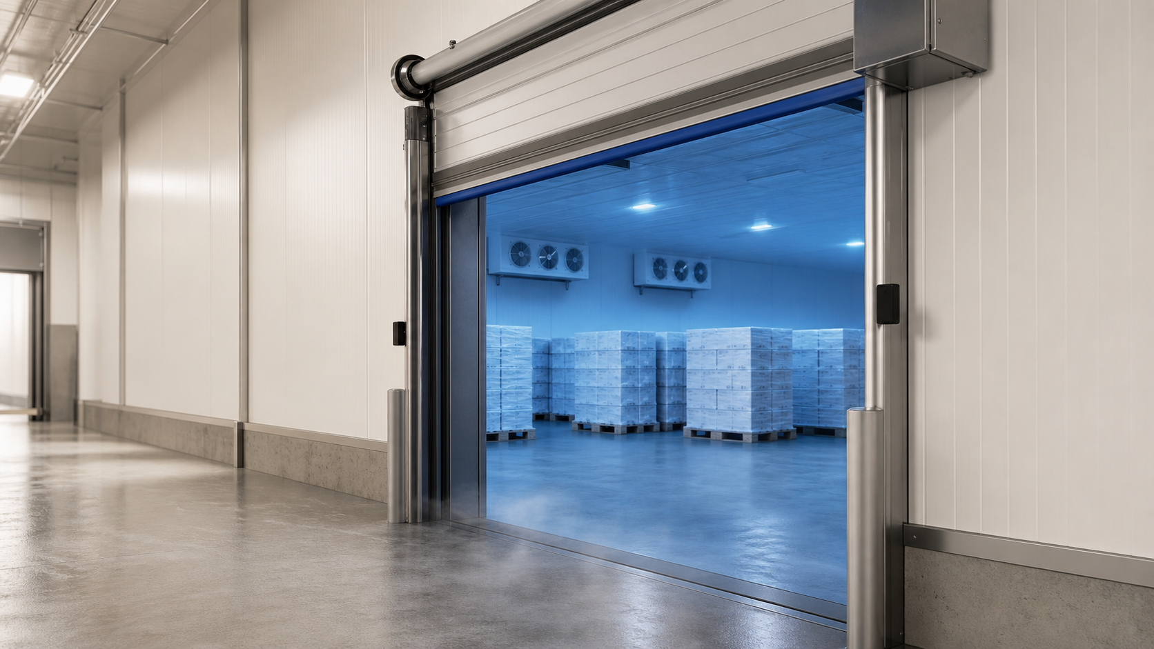 Insulated high-speed door opening into a modern cold storage warehouse