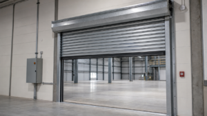 Galvanized rolling steel door assembly in a modern industrial facility