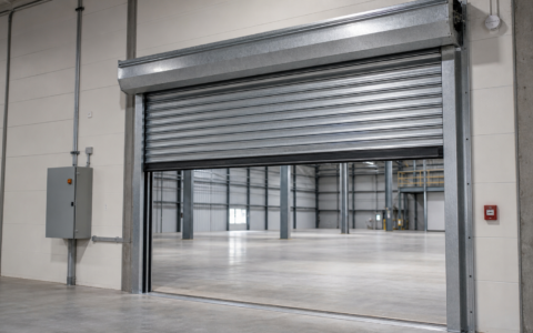 Galvanized rolling steel door assembly in a modern industrial facility