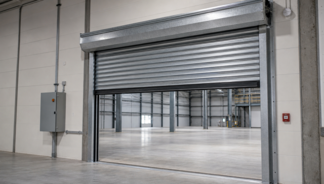 Galvanized rolling steel door assembly in a modern industrial facility