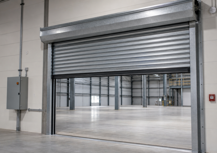 Galvanized rolling steel door assembly in a modern industrial facility
