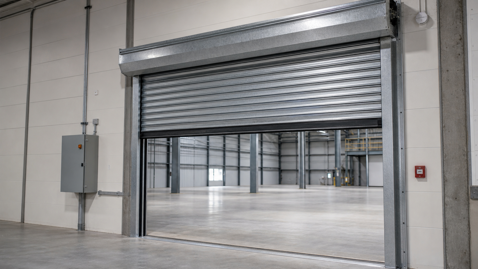 Galvanized rolling steel door assembly in a modern industrial facility