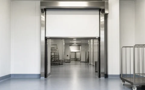 High-speed door separating hygienic zones in a food processing facility