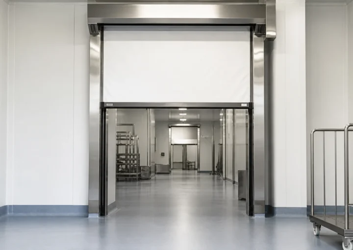 High-speed door separating hygienic zones in a food processing facility