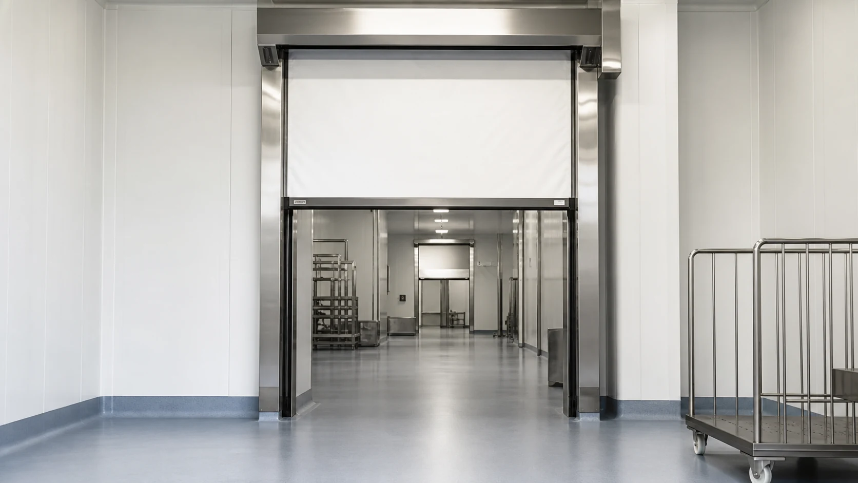 High-speed door separating hygienic zones in a food processing facility
