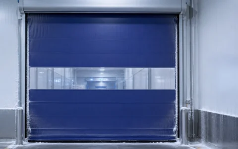 Frost forming around an industrial high-speed freezer door and threshold