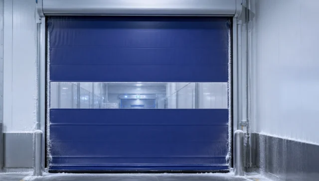 Frost forming around an industrial high-speed freezer door and threshold