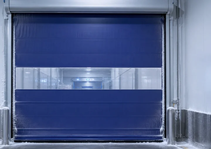 Frost forming around an industrial high-speed freezer door and threshold