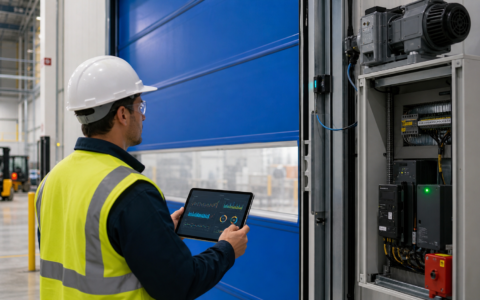 Maintenance engineer reviewing condition data beside a high-speed industrial door