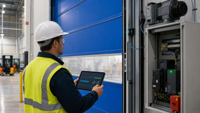 Maintenance engineer reviewing condition data beside a high-speed industrial door