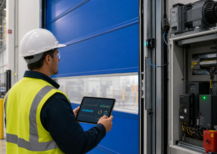 Maintenance engineer reviewing condition data beside a high-speed industrial door