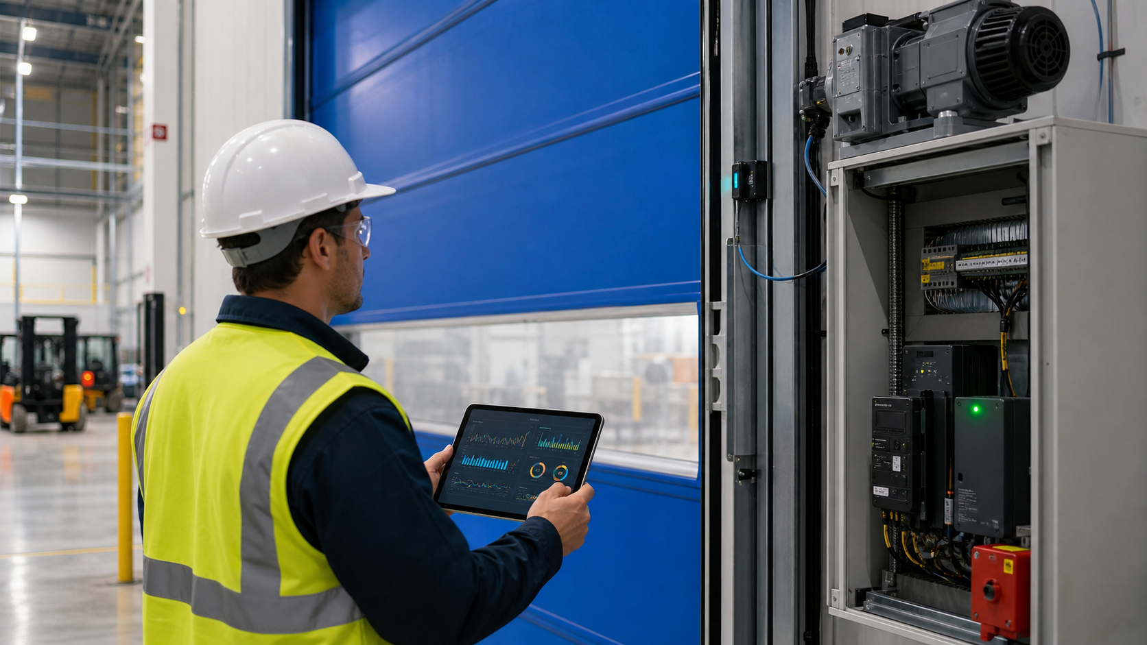 Maintenance engineer reviewing condition data beside a high-speed industrial door